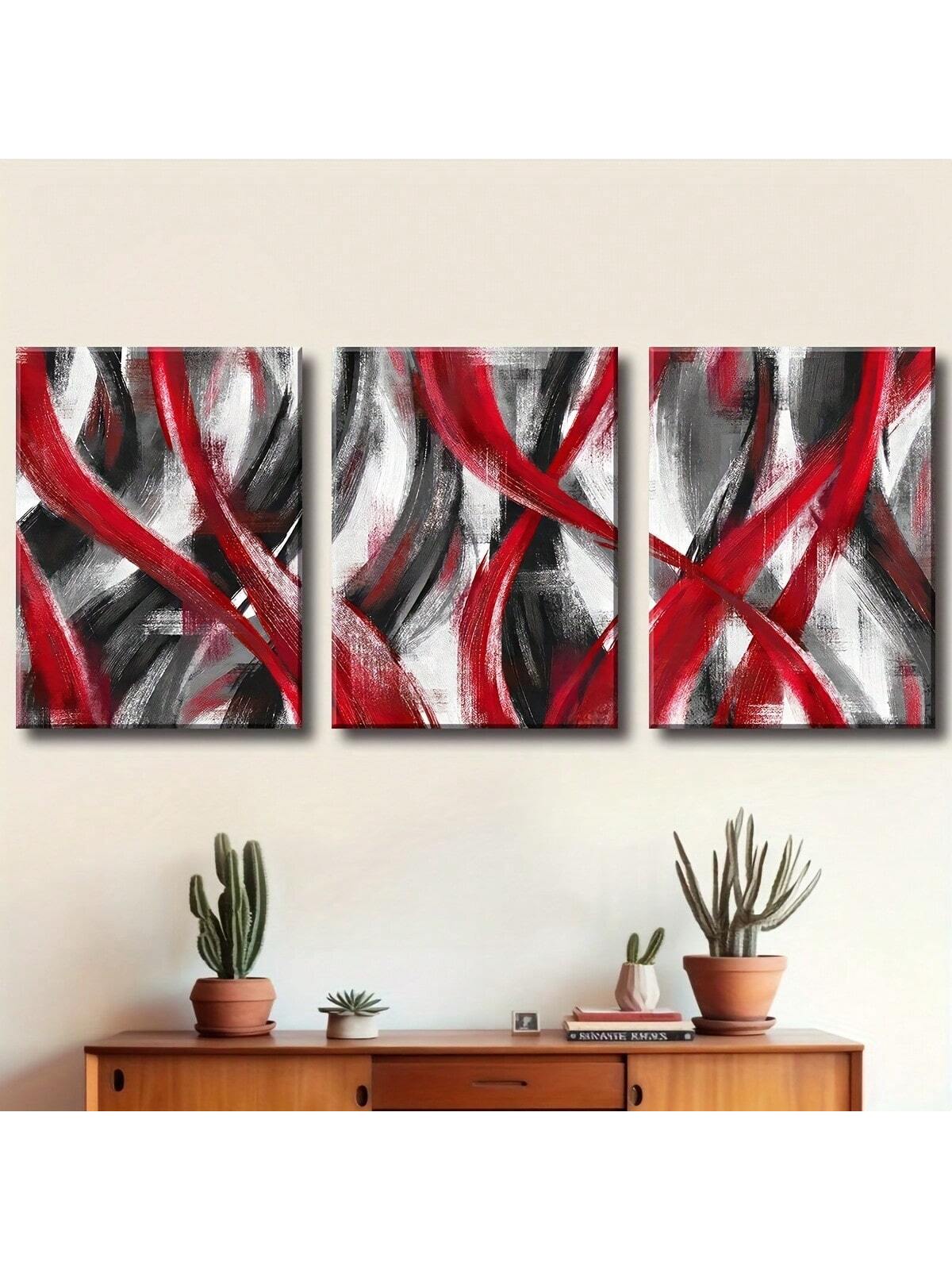 Add a bold splash of color and style with this 3-piece red and black geometric wall art set. These abstract canvases bring vibrant energy and modern flair to any home, office, or living space. Perfect for those who love striking designs that spark conversation and brighten up your walls with a playful edge.