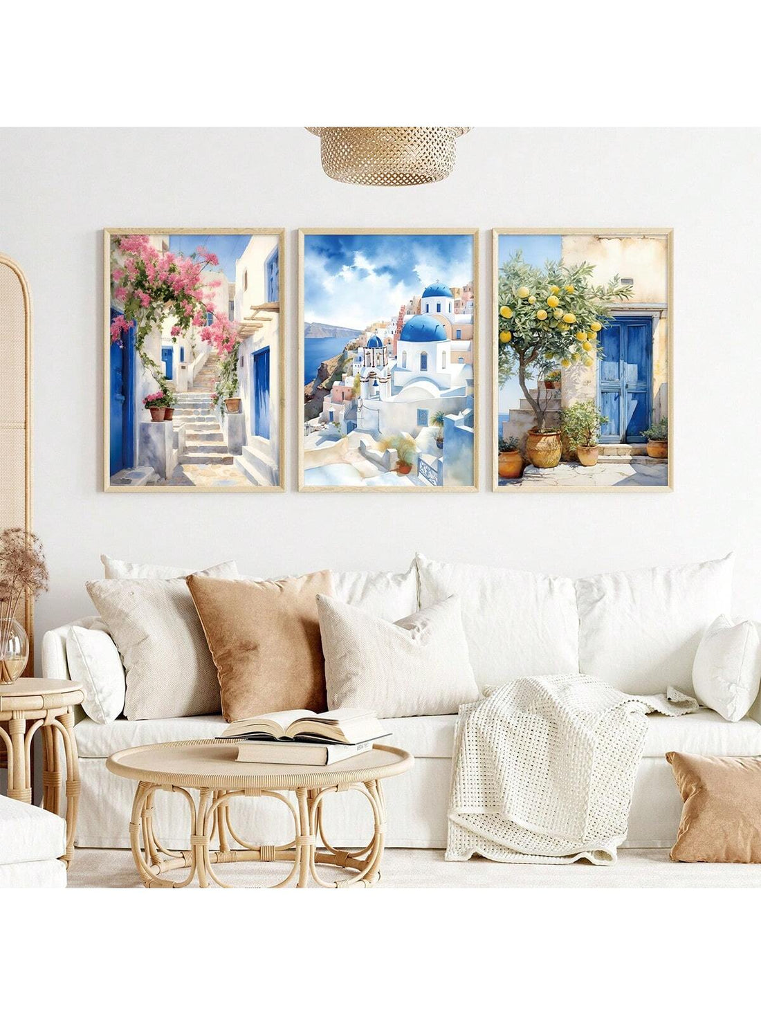 Transform your home into a beautiful Mediterranean oasis with our 3-piece Santorini wall art set. Each print features vibrant, unframed watercolor designs that will add a touch of coastal charm to any space. Perfect for bringing a laid-back and breezy vibe to your home decor.