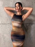 Full front view of silver gray tie-dye sleeveless bodycon maxi dress