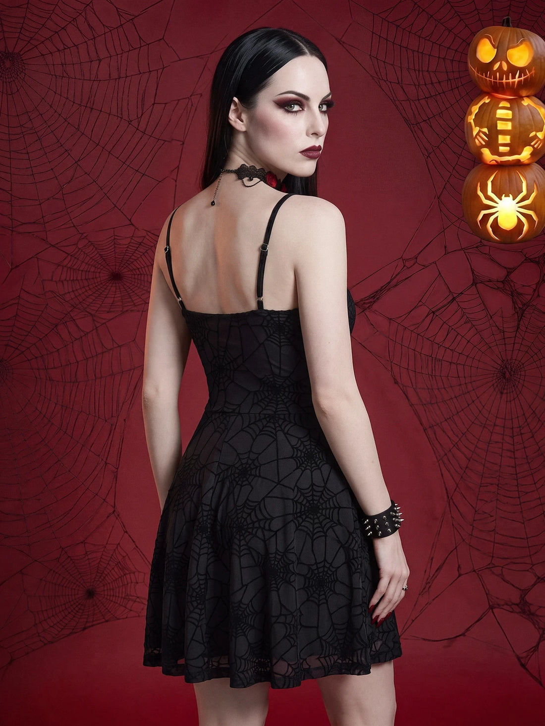 Black Spider Web Spaghetti Strap A Line Gothic Halloween Mini Dress for Women (The outer cover-up is not included))