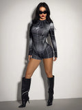 Full front view of black grey spider print long sleeve Halloween unitard