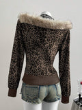 Back view of brown leopard hooded jacket with tan faux-fur trim
