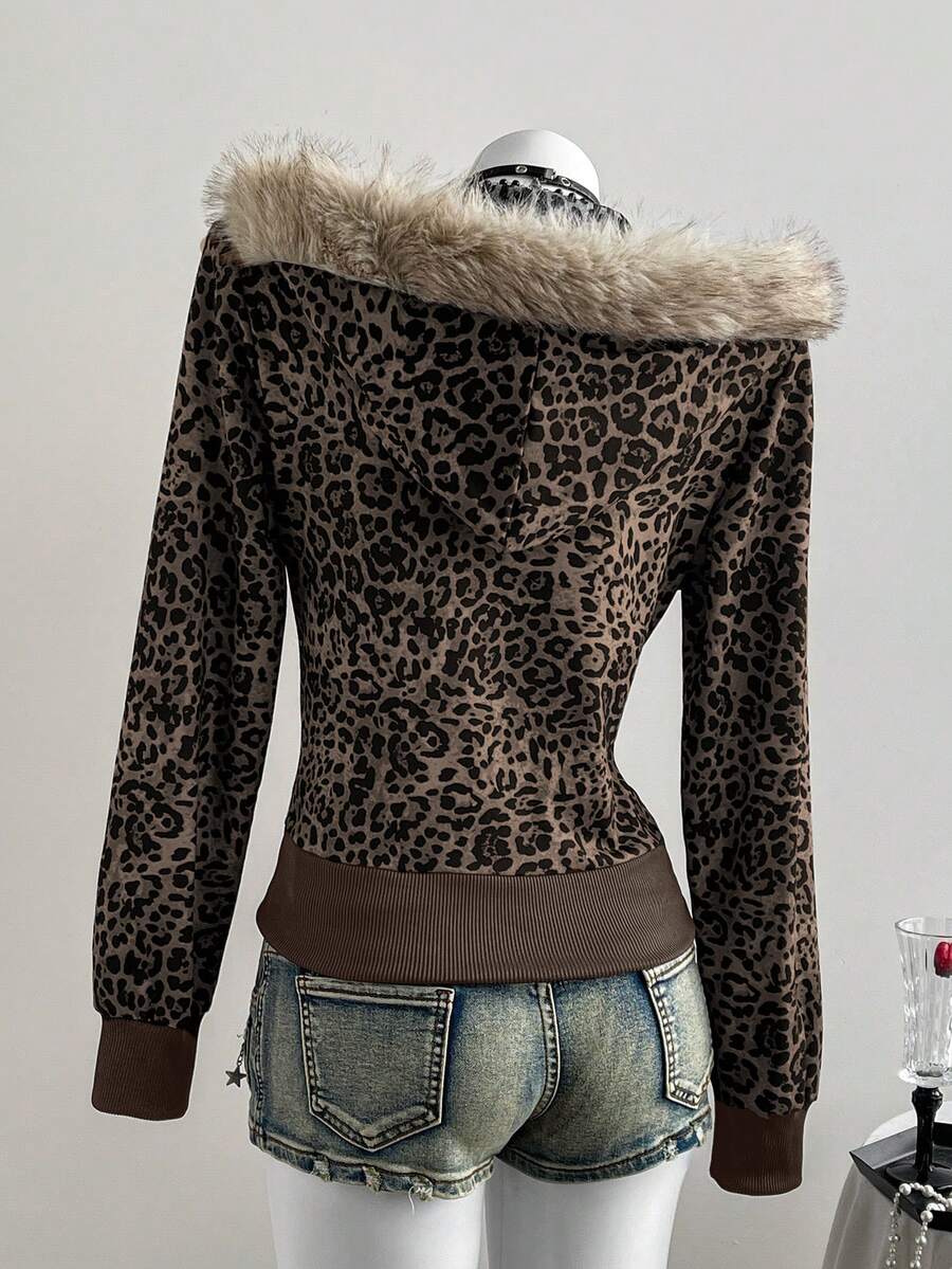 Back view of brown leopard hooded jacket with tan faux-fur trim