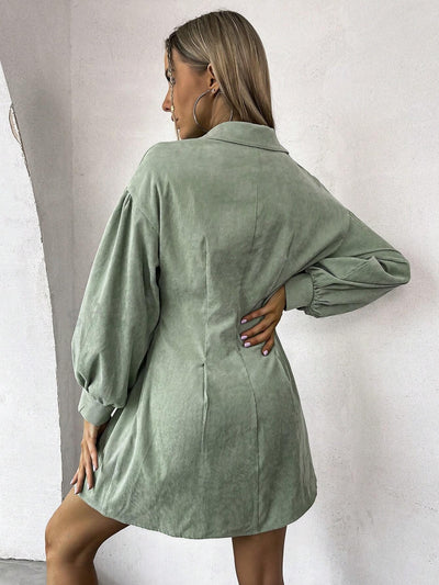 Effortless Style: Lantern Sleeve Cord Shirt Dress with Plicated Detail