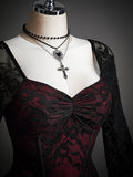 Front view of burgundy black lace dress with ruched sweetheart bodice and sheer sleeves