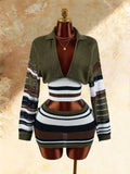 Front product view of olive striped long sleeve collared crop top and mini skirt