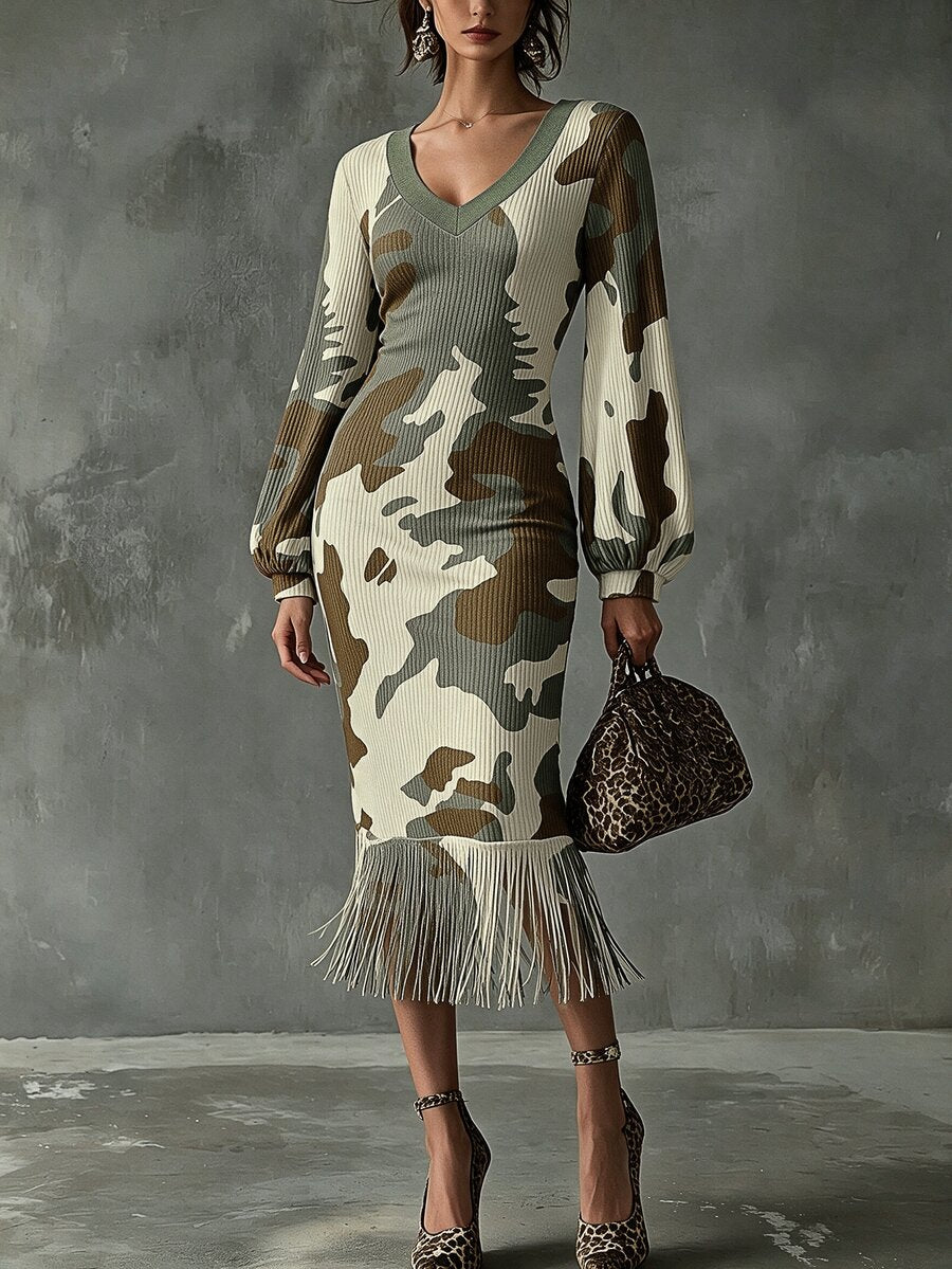 Front full-length view of camouflage ribbed knit bodycon midi dress with V-neck and fringe hem