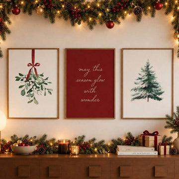 Three framed Christmas canvas prints with mistletoe, holiday quote and evergreen above a decorated mantel