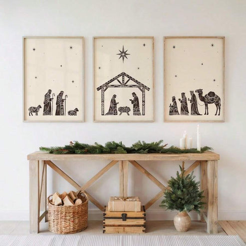 Three piece vintage Nativity Christian Christmas canvas wall art set
