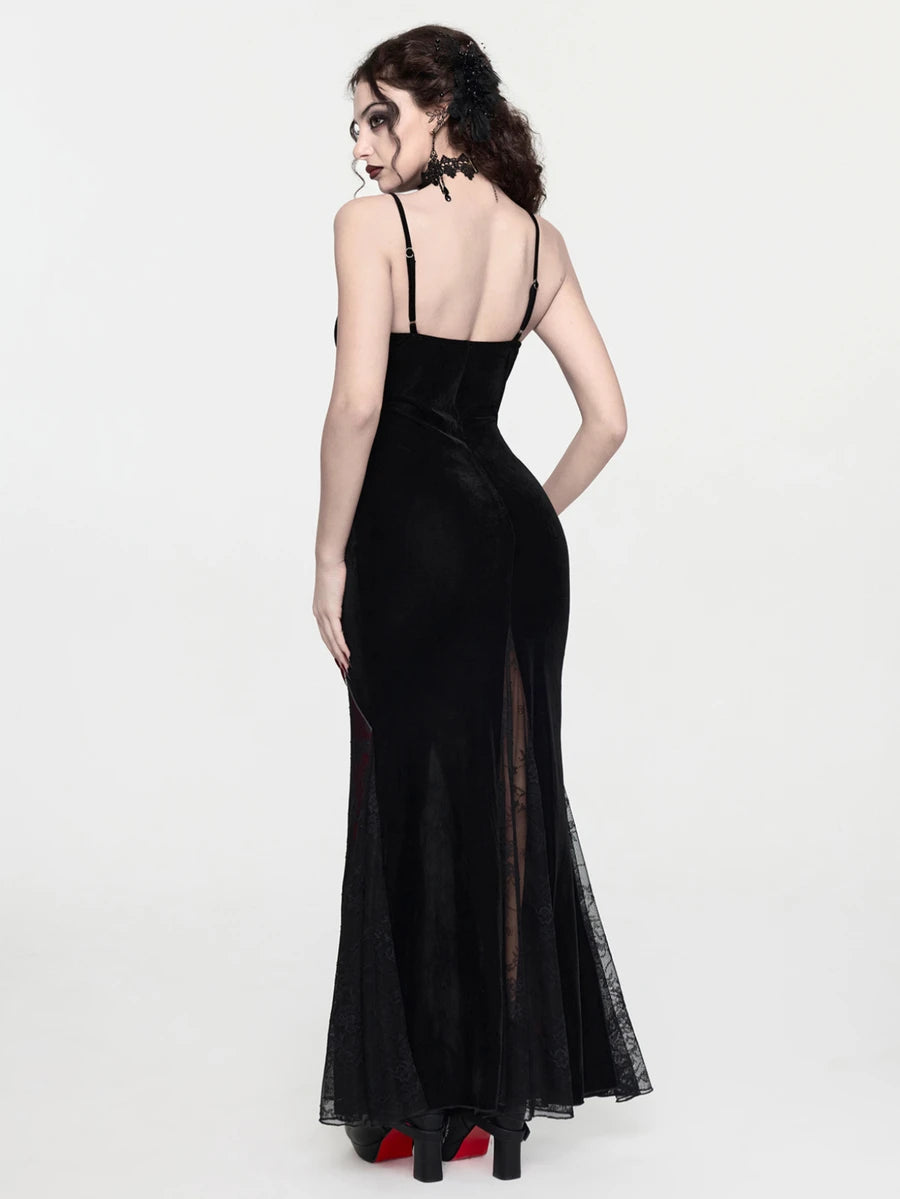 Front view of red and black gothic mermaid maxi dress with lace corset bodice and front slit