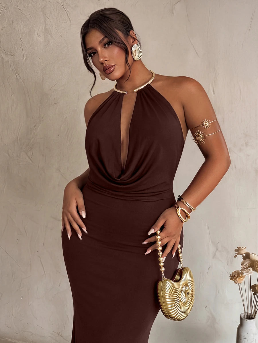 Close front view of brown bodycon evening dress with ruched waist detail