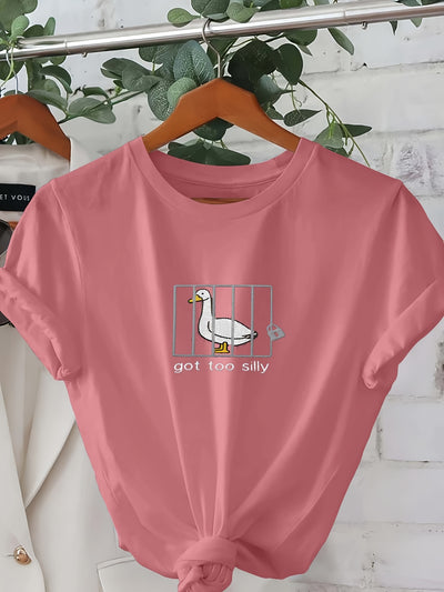 Women's Silly Goose Graphic Tee: Stylish Crew Neck Knit Top for Summer and Spring