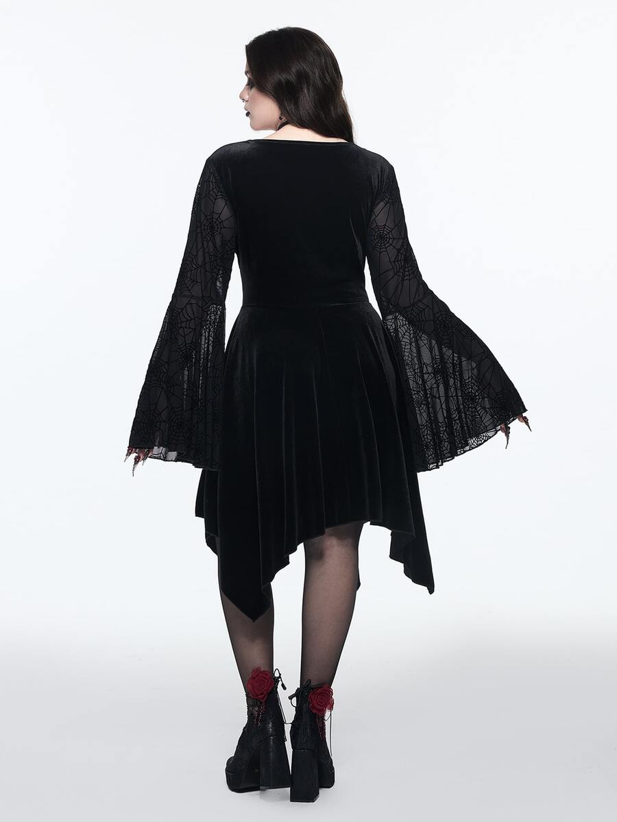 Plus Size Dark Gothic Spider Web Dress with Sheer Bell Sleeves for Halloween Parties