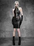 Full front view of black faux leather gothic pencil dress with lace-up panel and hip cutouts