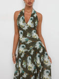 Shop an olive green floral V neck A line maxi dress, perfect for summer vacations, festivals, beach trips, resort getaways, brunch, and outdoor events.
