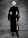 Back view of black velvet gothic maxi dress with long sleeves and sheer floral lace side panel