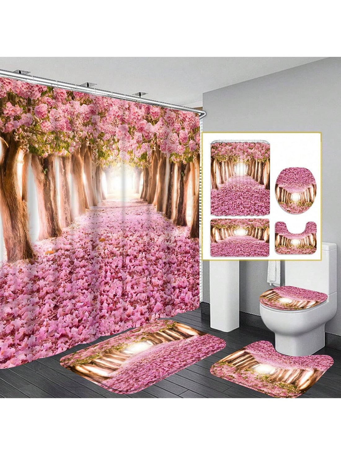 Bring a burst of pink floral fun to your bathroom with this 4-piece Jungle of Flowers shower curtain set. Featuring a vibrant, playful design, it includes a matching non-slip bath mat to keep you safe and stylish. Transform your space into a lively jungle oasis where every shower feels like a refreshing escape!