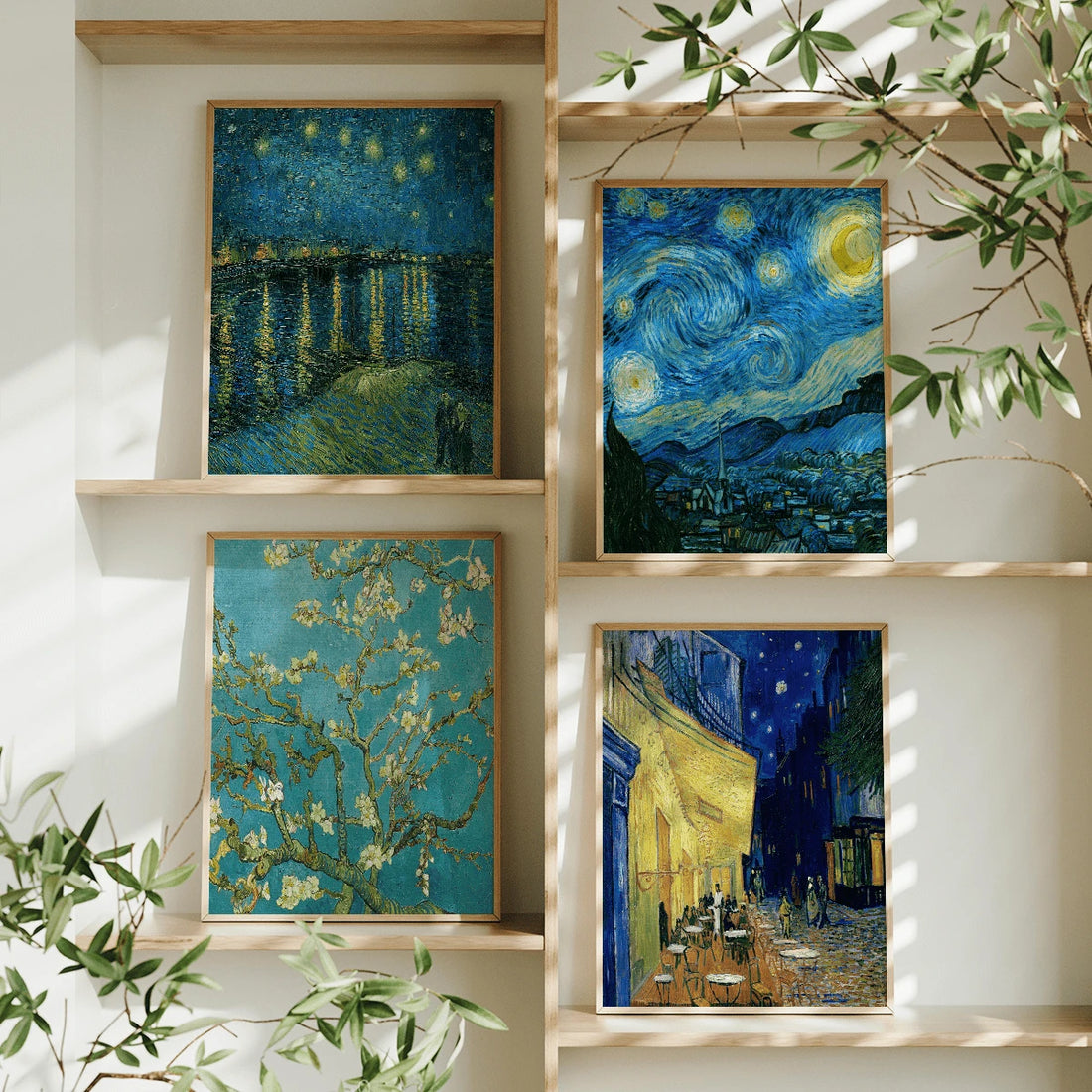 Four-piece Van Gogh-inspired canvas wall art set with Starry Night, blue night water, blossom branches, and yellow café scene on a sunlit shelf