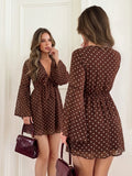 Brown polka dot self tie keyhole boho mini dress front view