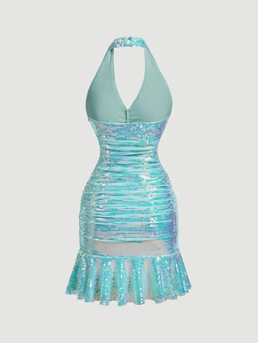 Light Blue Halter Neck Backless Sequin Mini Dress with Ruffle Hem for Parties and Graduations 