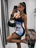 Black graphic cami bodycon mini dress front close-up
