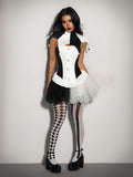 Full view of black and white two-piece clown costume with split tulle skirt