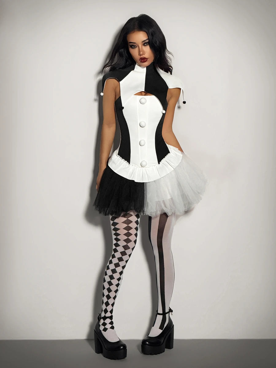 Full view of black and white two-piece clown costume with split tulle skirt