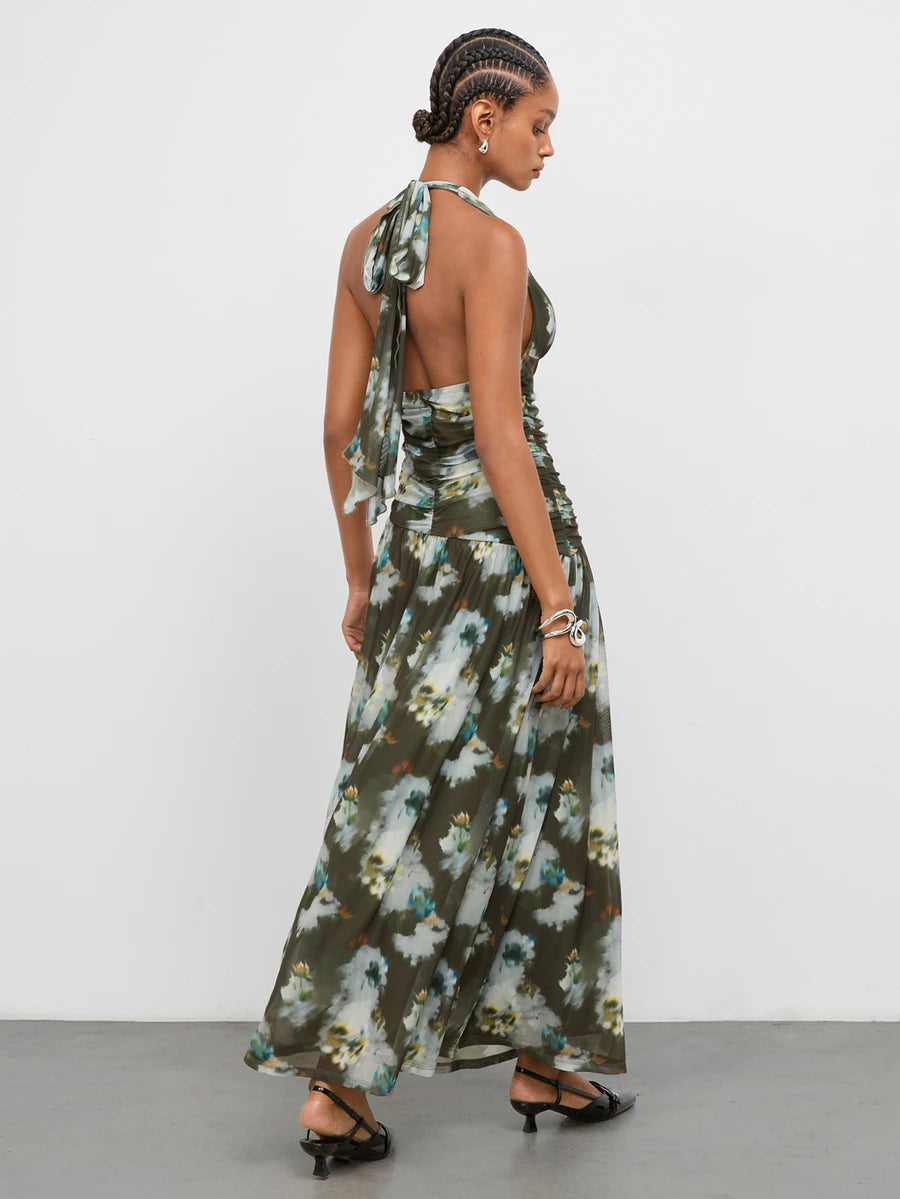 Shop an olive green floral V neck A line maxi dress, perfect for summer vacations, festivals, beach trips, resort getaways, brunch, and outdoor events.