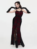 Full front view of burgundy black gothic mermaid gown with lace panels and front slit
