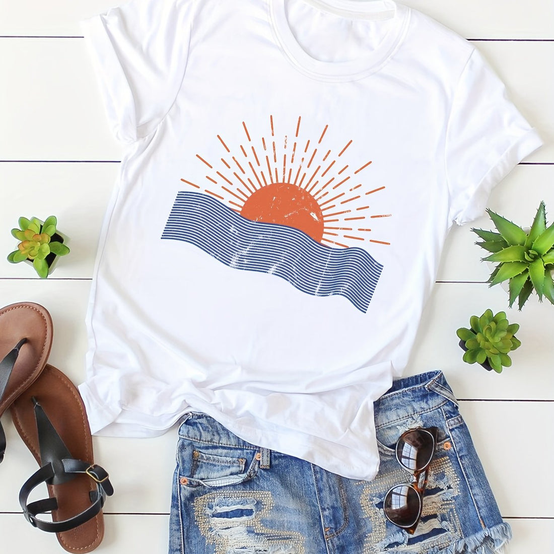 Elevate your casual style with our Sun-Kissed Casual T-Shirt. Its short sleeve design and comfortable neck make it perfect for effortless, everyday wear. Stay stylish and comfortable with this must-have addition to your wardrobe.