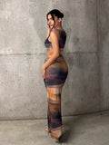 Close front view of brown black multicolor sleeveless bodycon maxi dress