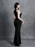 Back view of black halter bodycon maxi dress with fitted mermaid skirt