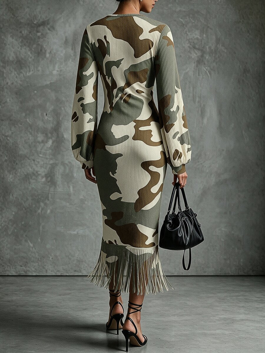 Back view of camouflage ribbed knit bodycon midi dress with long bishop sleeves and fringe hem