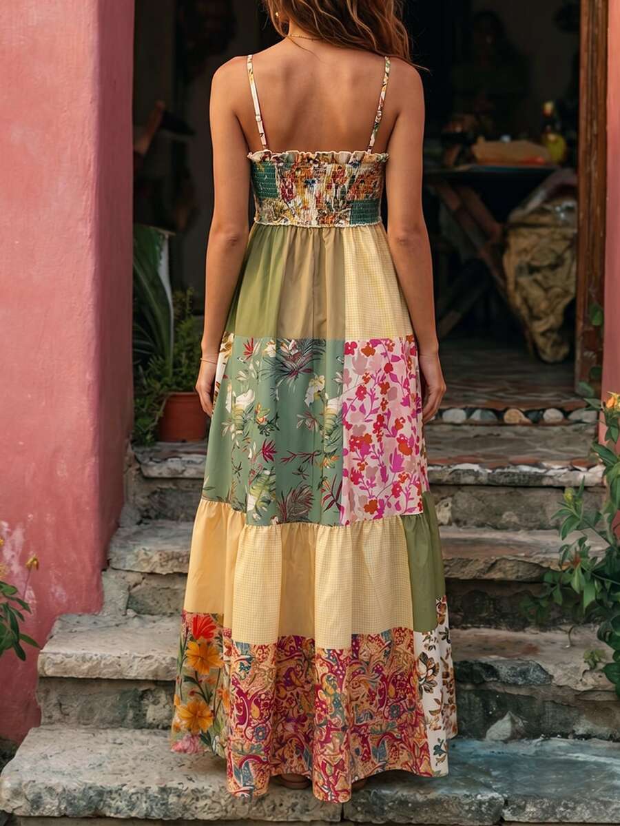Colorblock Floral Print Maxi Cami Dress – Stylish Woven Long Dress for Effortless Elegance 