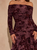 Close-up of burgundy floral off shoulder neckline, long sleeves, and horizontal bodice ruching