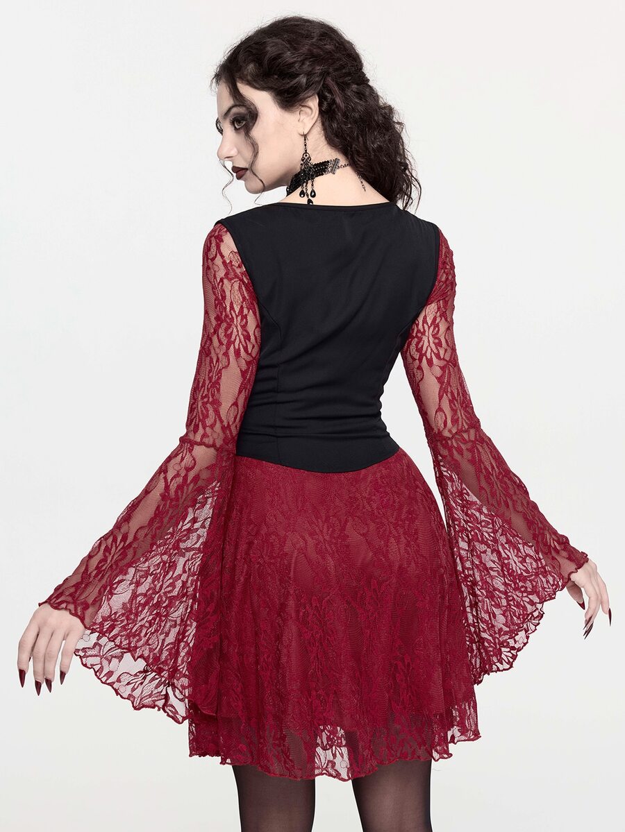 Front view of burgundy gothic lace mini dress set with black corset waist and flared sleeves