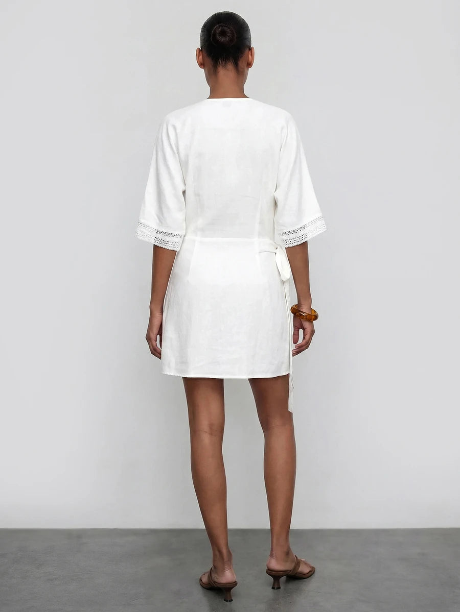 White V Neck Tie Waist Mini Dress with Short Sleeves for Summer Beach Vacations