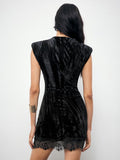 Elegant Goth Black Velvet Padded Shoulder Short Dress for Urban Parties and Halloween Nights