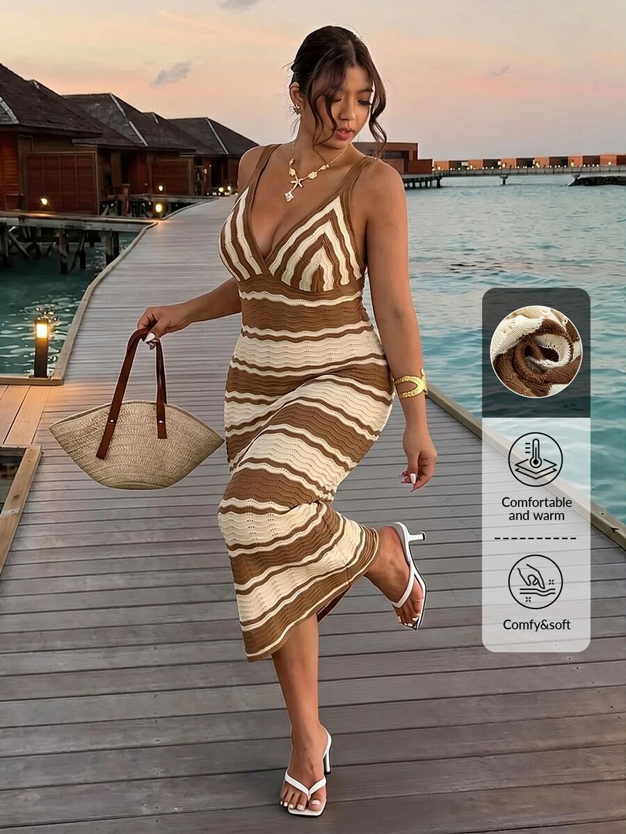 front full view of colorblock striped sleeveless knit midi dress