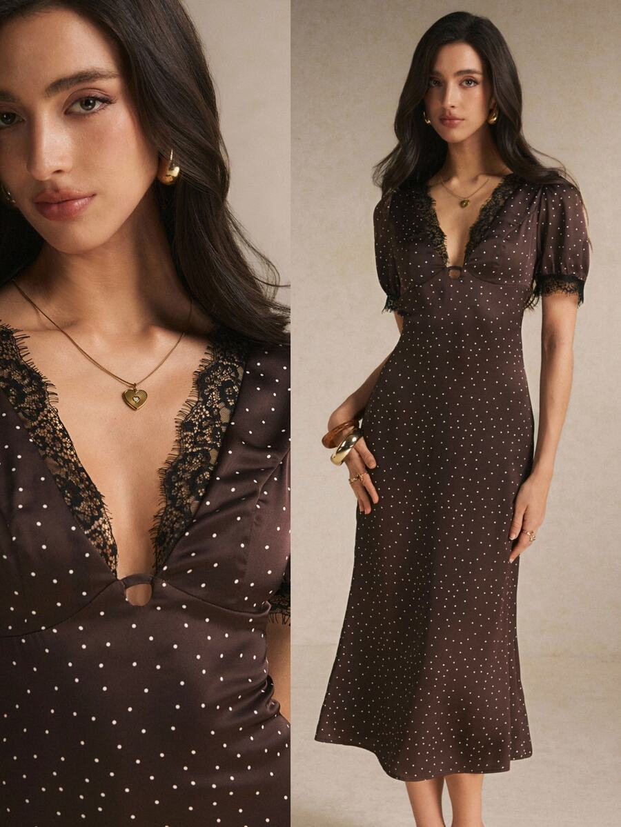 Brown polka-dot midi dress close-up with lace V-neck and puff sleeves