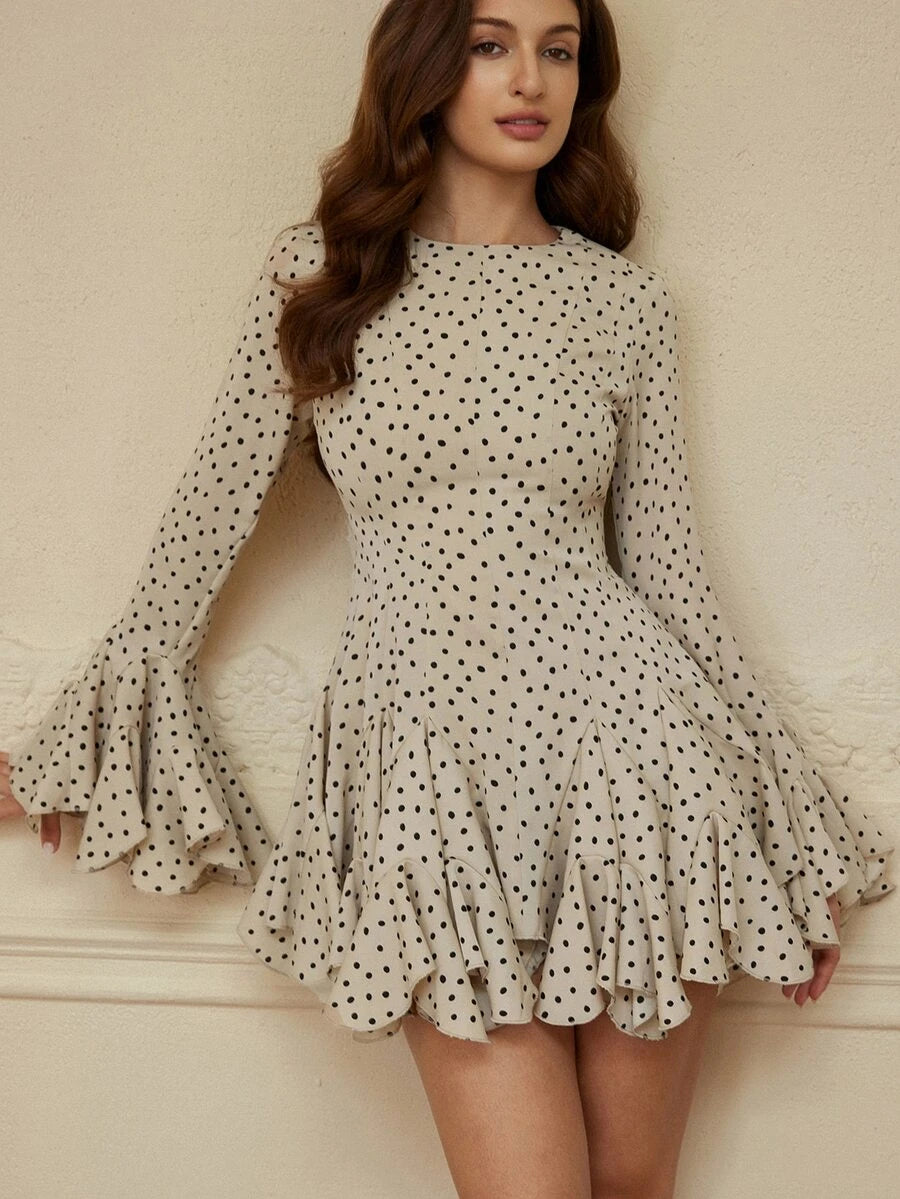 Chic Black and Beige Polka Dot Ruffle Mini Dress for Autumn - Perfect for Tea Parties, Brunches, and Date Nights 