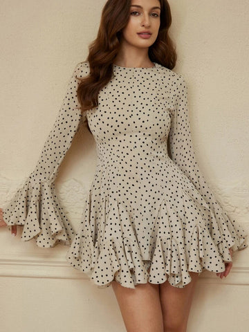 Chic Black and Beige Polka Dot Ruffle Mini Dress for Autumn - Perfect for Tea Parties, Brunches, and Date Nights 