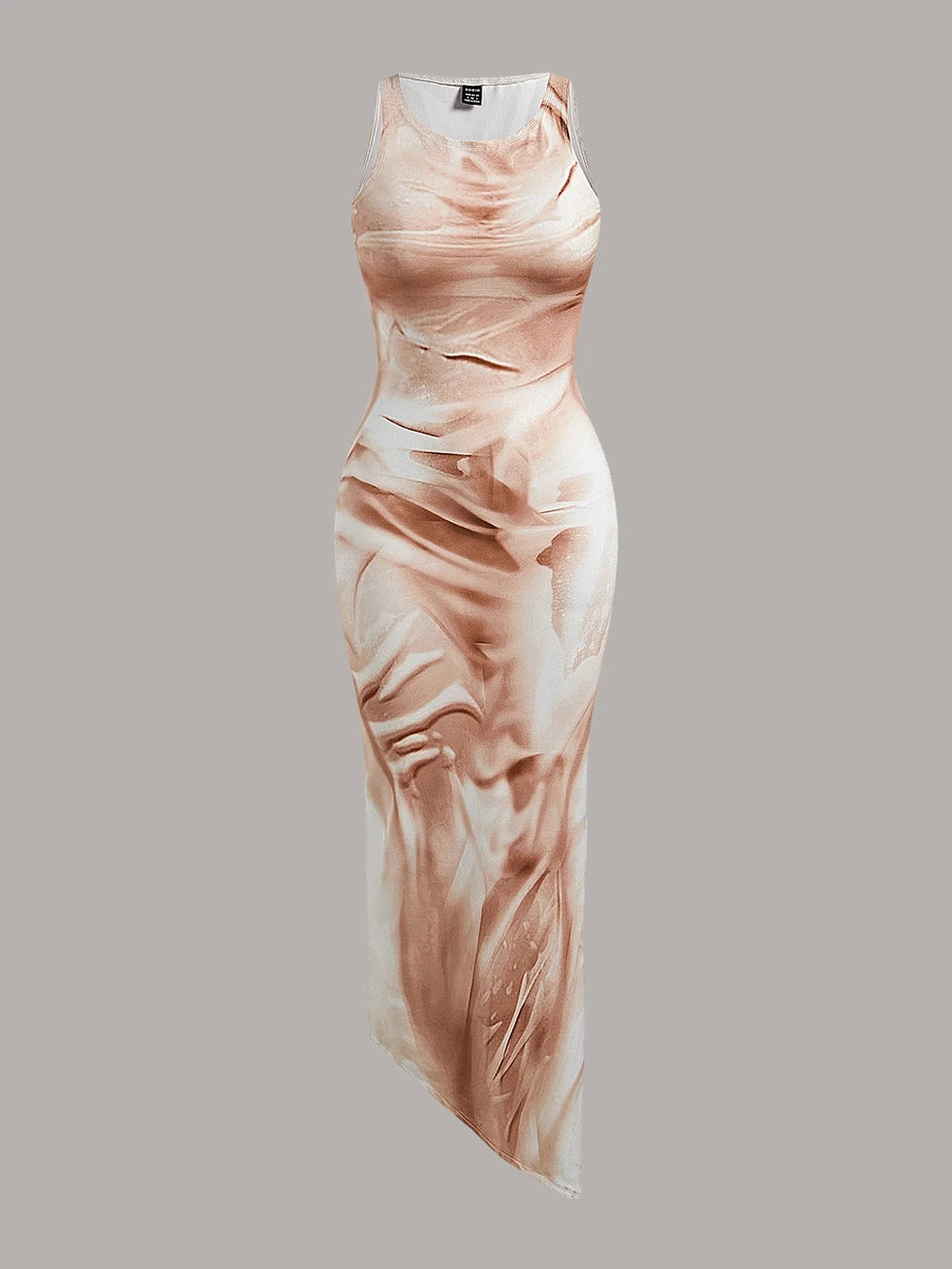 Front product view of rust brown marbled sleeveless fitted maxi dress