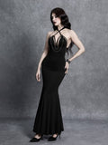 Full front view of black halter bodycon maxi dress with cutout neckline and mermaid hem