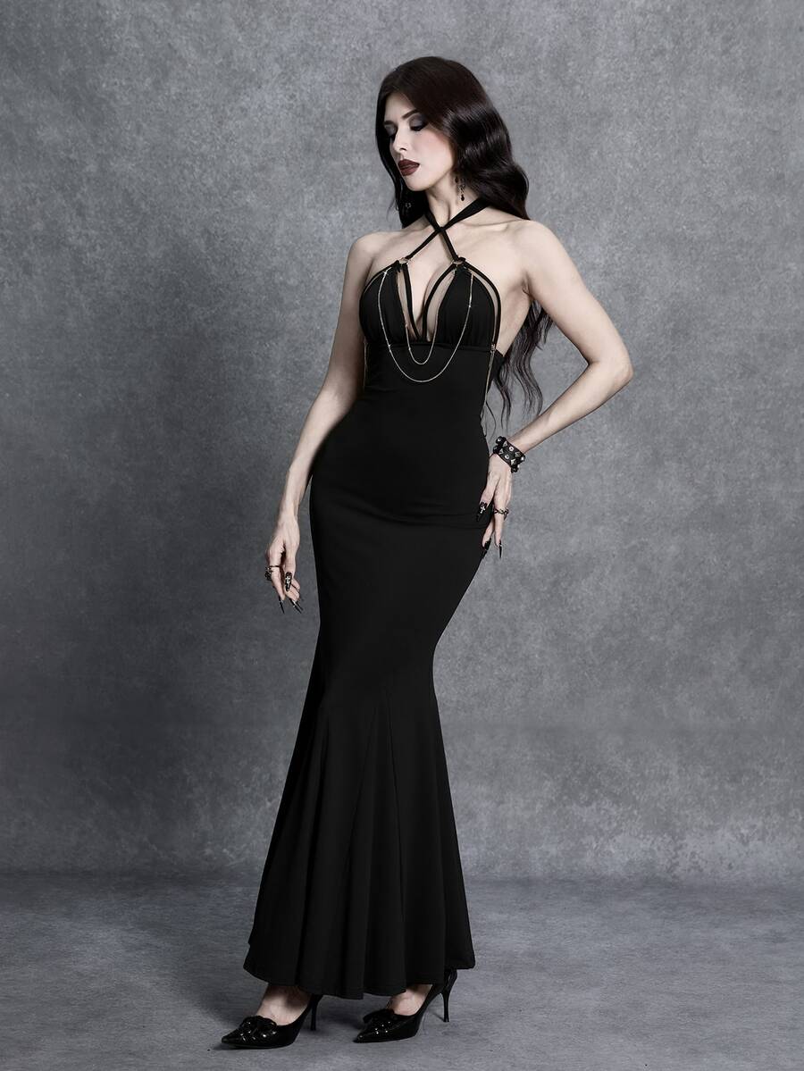 Full front view of black halter bodycon maxi dress with cutout neckline and mermaid hem
