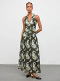 Shop an olive green floral V neck A line maxi dress, perfect for summer vacations, festivals, beach trips, resort getaways, brunch, and outdoor events.