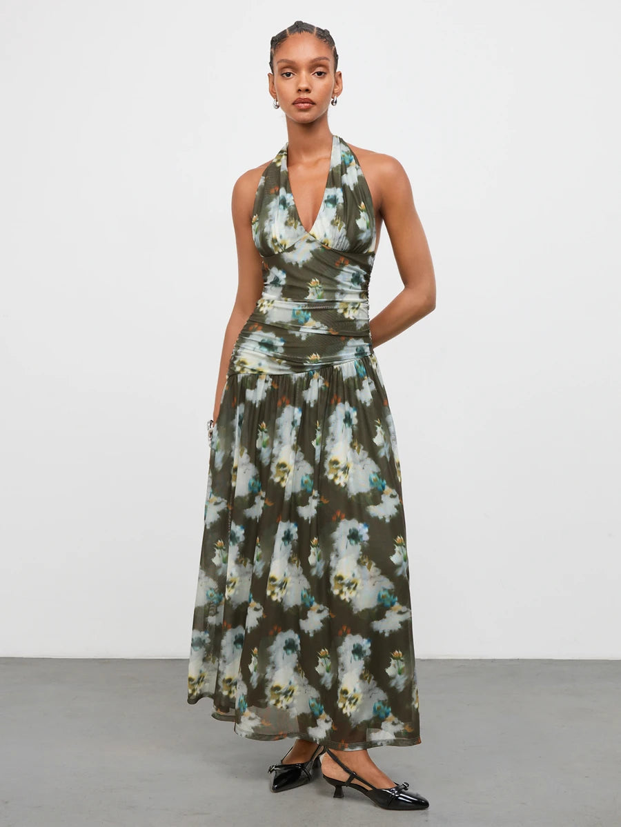 Shop an olive green floral V neck A line maxi dress, perfect for summer vacations, festivals, beach trips, resort getaways, brunch, and outdoor events.