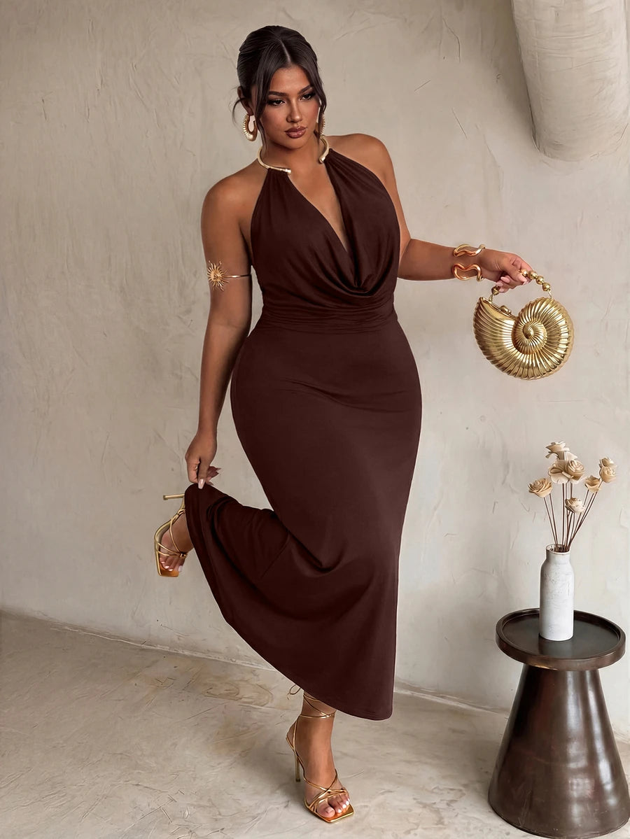 Front view of brown plus size halter maxi dress with gold collar and draped neckline