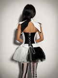 Back view of black and white clown costume with lace-up open back and split tulle skirt