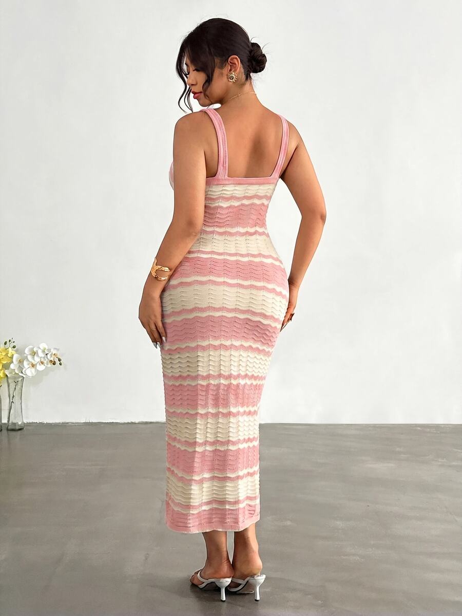 front close view of colorblock striped sleeveless knit midi dress